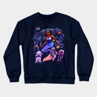 mermaid with flowing shimmering blue black braids fish and jelly fish  , brown eyes curly Afro hair and caramel brown skin Crewneck Sweatshirt